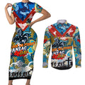 Personalised Titans ANZAC Day Couples Matching Short Sleeve Bodycon Dress and Long Sleeve Button Shirt Aboriginal Rising Sun