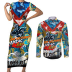 Personalised Titans ANZAC Day Couples Matching Short Sleeve Bodycon Dress and Long Sleeve Button Shirt Aboriginal Rising Sun