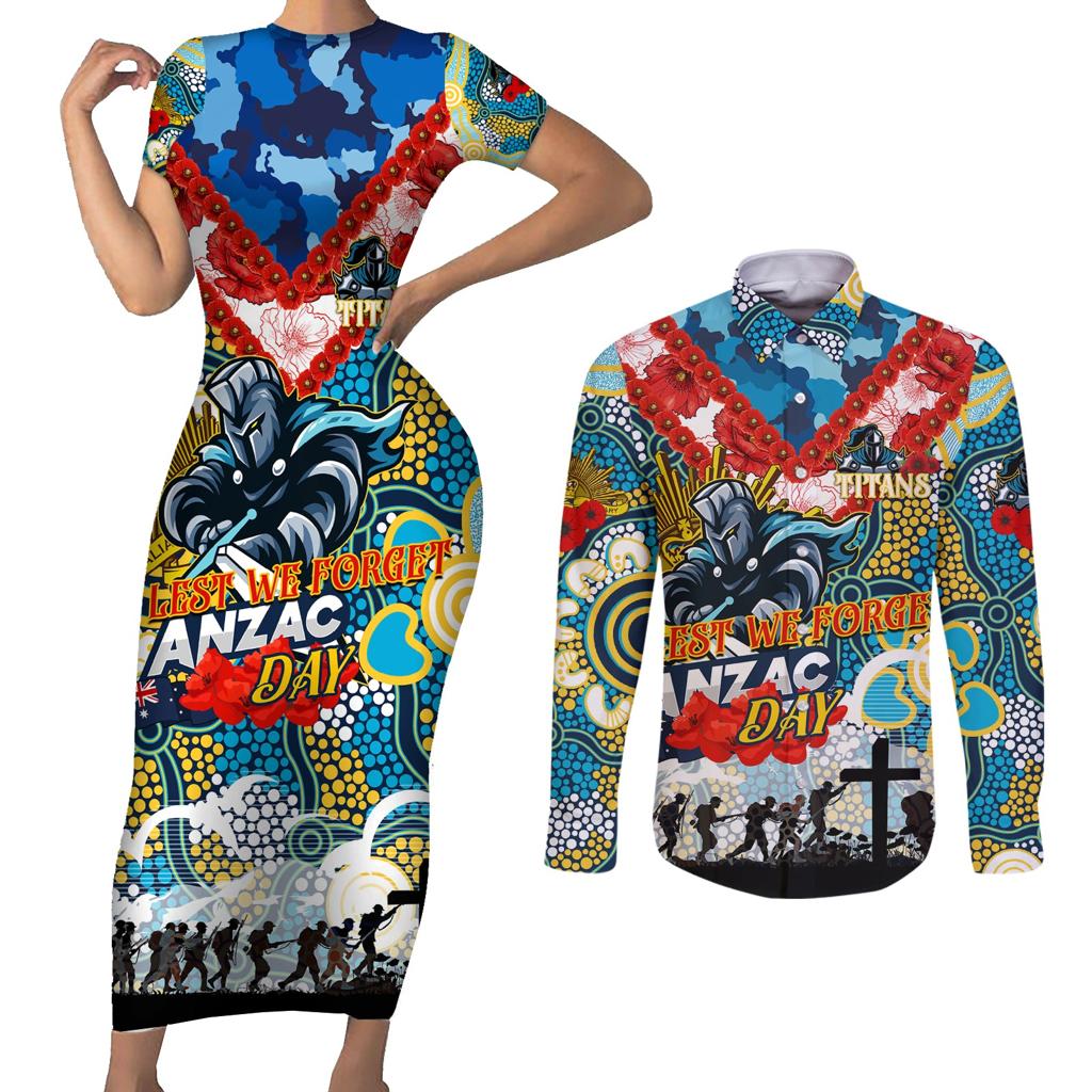 Personalised Titans ANZAC Day Couples Matching Short Sleeve Bodycon Dress and Long Sleeve Button Shirt Aboriginal Rising Sun