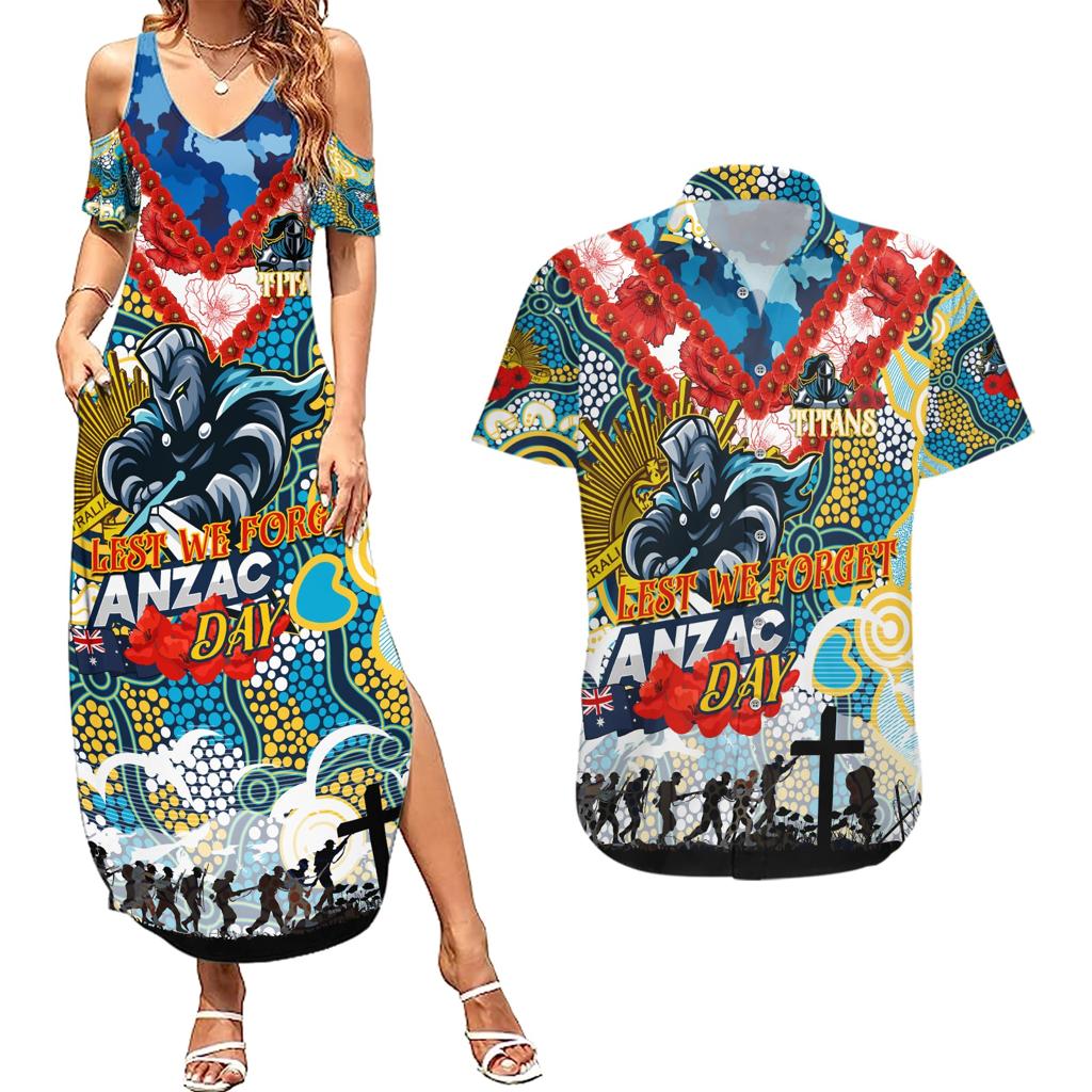 Personalised Titans ANZAC Day Couples Matching Summer Maxi Dress and Hawaiian Shirt Aboriginal Rising Sun