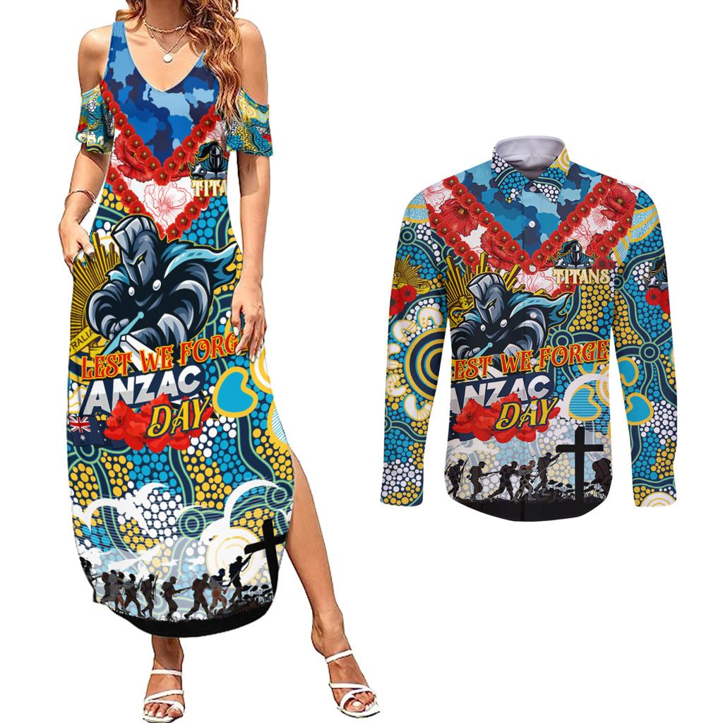 Personalised Titans ANZAC Day Couples Matching Summer Maxi Dress and Long Sleeve Button Shirt Aboriginal Rising Sun