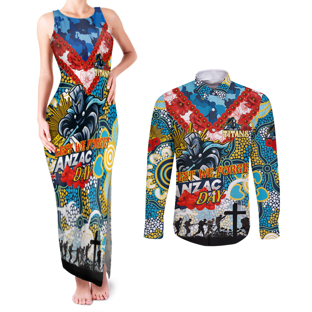 Personalised Titans ANZAC Day Couples Matching Tank Maxi Dress and Long Sleeve Button Shirt Aboriginal Rising Sun