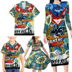 Personalised Titans ANZAC Day Family Matching Long Sleeve Bodycon Dress and Hawaiian Shirt Aboriginal Rising Sun