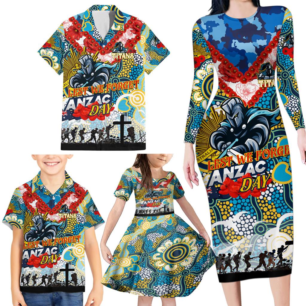 Personalised Titans ANZAC Day Family Matching Long Sleeve Bodycon Dress and Hawaiian Shirt Aboriginal Rising Sun