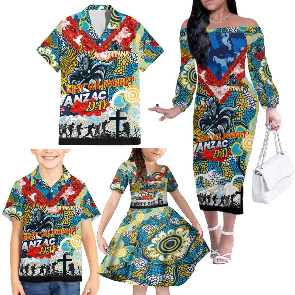 Personalised Titans ANZAC Day Family Matching Off The Shoulder Long Sleeve Dress and Hawaiian Shirt Aboriginal Rising Sun