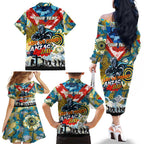 Personalised Titans ANZAC Day Family Matching Off The Shoulder Long Sleeve Dress and Hawaiian Shirt Aboriginal Rising Sun