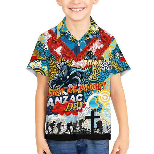 Personalised Titans ANZAC Day Family Matching Off The Shoulder Long Sleeve Dress and Hawaiian Shirt Aboriginal Rising Sun
