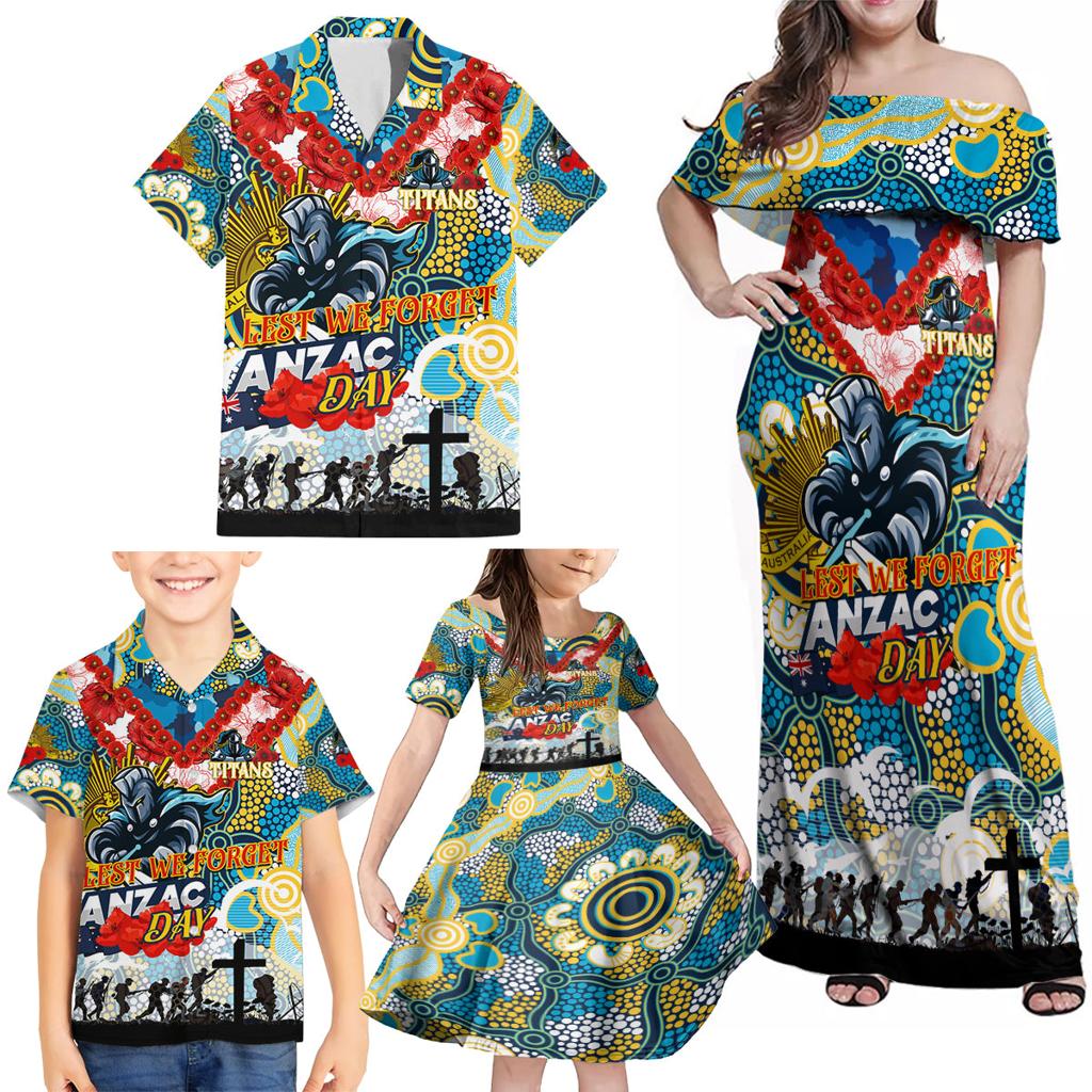 Personalised Titans ANZAC Day Family Matching Off Shoulder Maxi Dress and Hawaiian Shirt Aboriginal Rising Sun