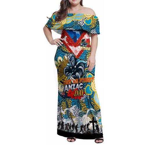 Personalised Titans ANZAC Day Family Matching Off Shoulder Maxi Dress and Hawaiian Shirt Aboriginal Rising Sun