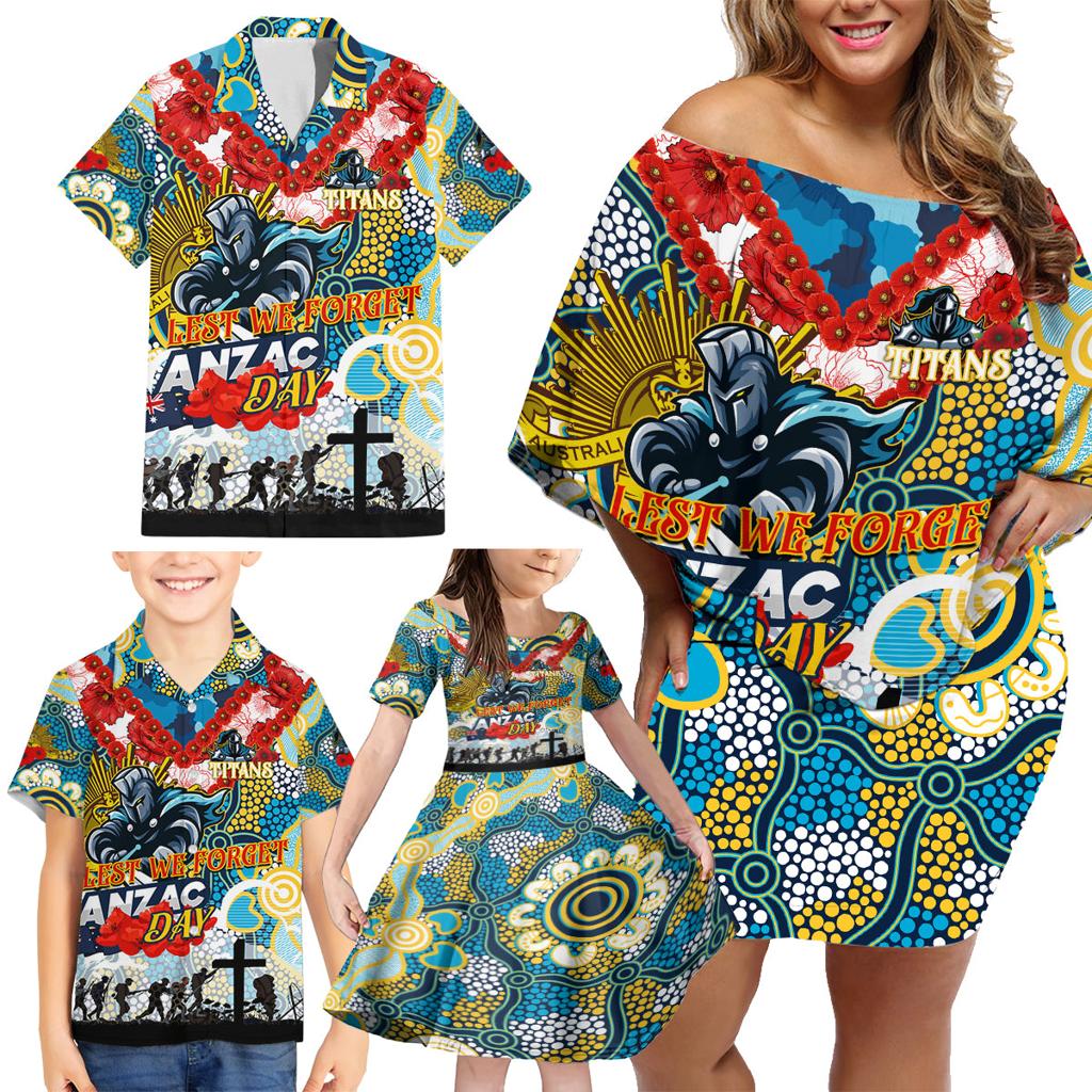 Personalised Titans ANZAC Day Family Matching Off Shoulder Short Dress and Hawaiian Shirt Aboriginal Rising Sun