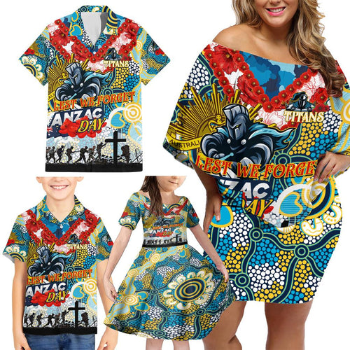 Personalised Titans ANZAC Day Family Matching Off Shoulder Short Dress and Hawaiian Shirt Aboriginal Rising Sun