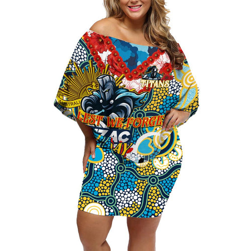 Personalised Titans ANZAC Day Family Matching Off Shoulder Short Dress and Hawaiian Shirt Aboriginal Rising Sun