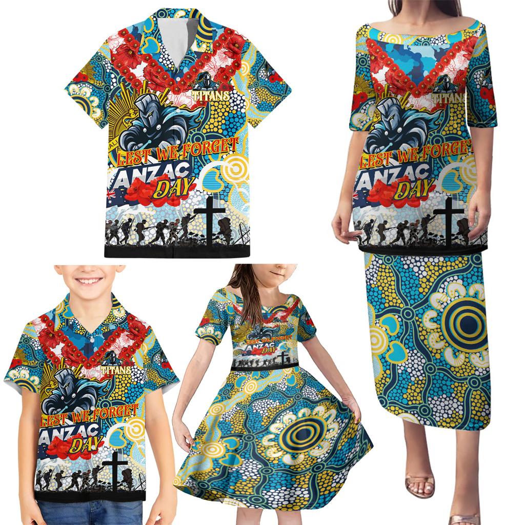 Personalised Titans ANZAC Day Family Matching Puletasi and Hawaiian Shirt Aboriginal Rising Sun