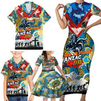 Personalised Titans ANZAC Day Family Matching Short Sleeve Bodycon Dress and Hawaiian Shirt Aboriginal Rising Sun