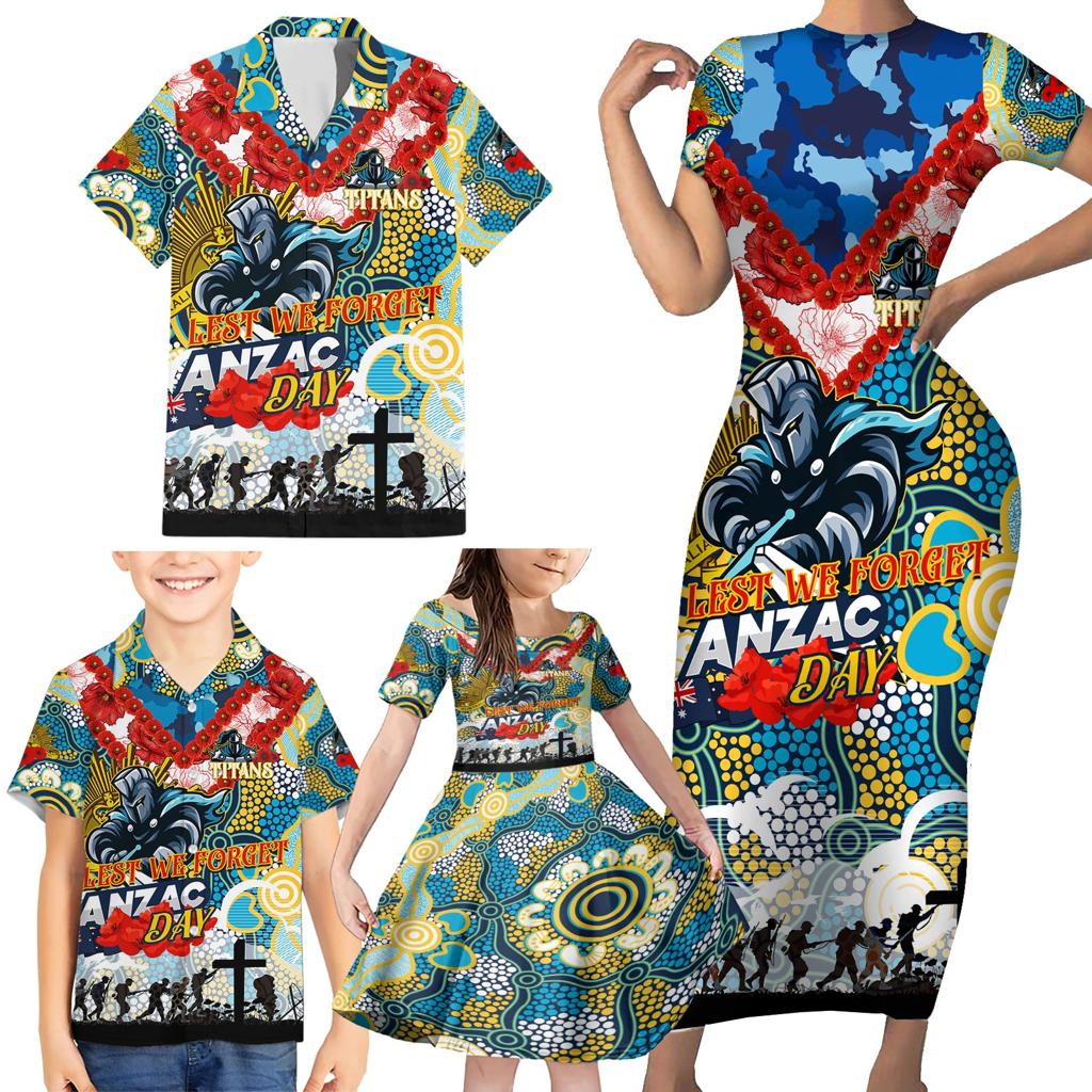 Personalised Titans ANZAC Day Family Matching Short Sleeve Bodycon Dress and Hawaiian Shirt Aboriginal Rising Sun