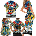 Personalised Titans ANZAC Day Family Matching Short Sleeve Bodycon Dress and Hawaiian Shirt Aboriginal Rising Sun