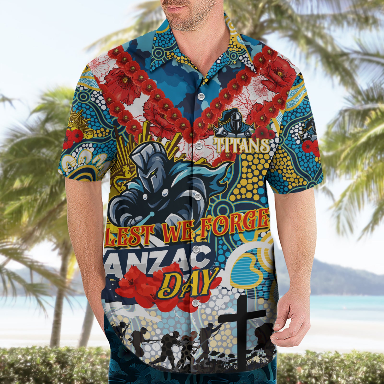 Personalised Titans ANZAC Day Hawaiian Shirt Aboriginal Rising Sun