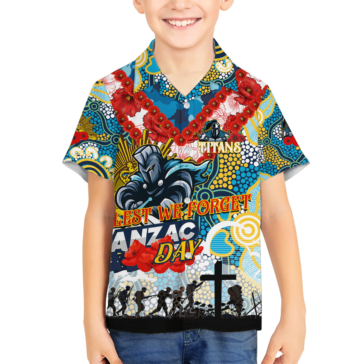 Personalised Titans ANZAC Day Kid Hawaiian Shirt Aboriginal Rising Sun