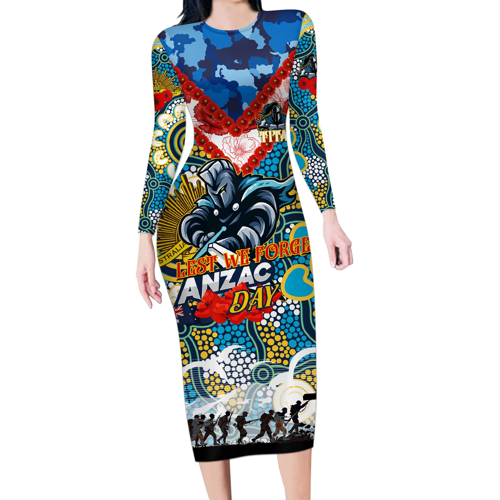 Personalised Titans ANZAC Day Long Sleeve Bodycon Dress Aboriginal Rising Sun
