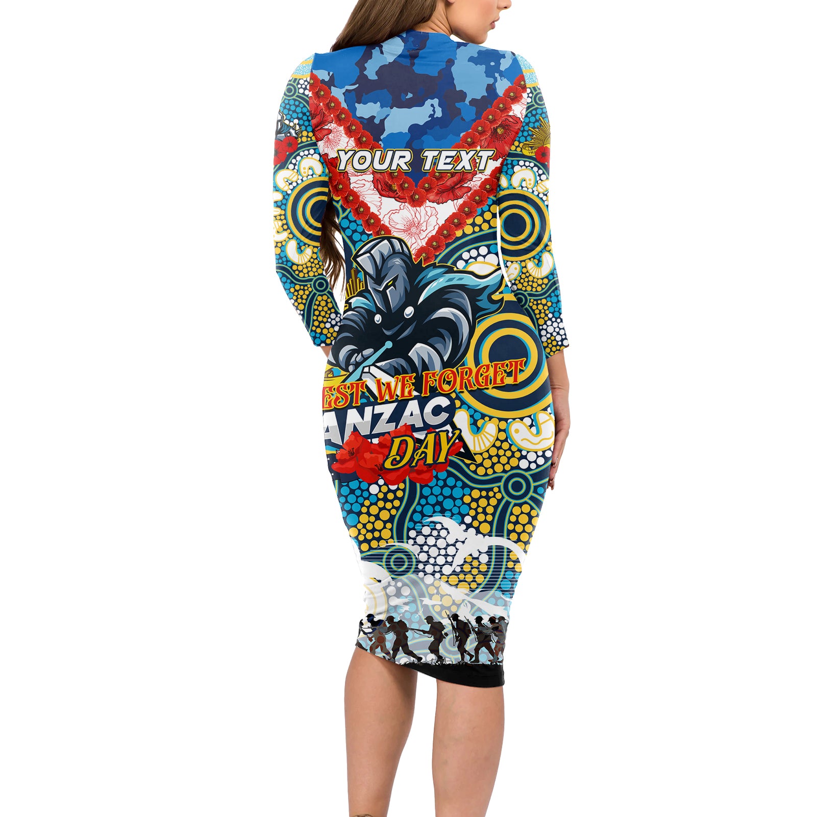 Personalised Titans ANZAC Day Long Sleeve Bodycon Dress Aboriginal Rising Sun