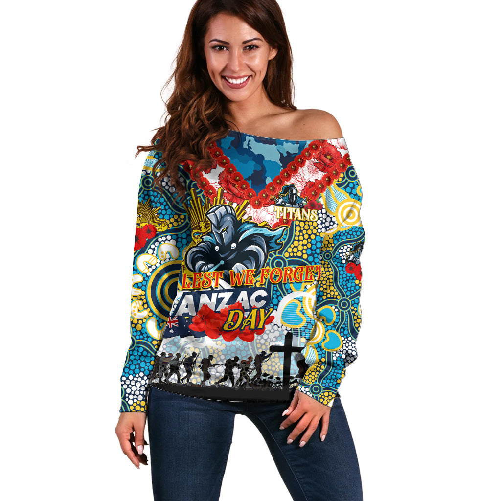 Personalised Titans ANZAC Day Off Shoulder Sweater Aboriginal Rising Sun