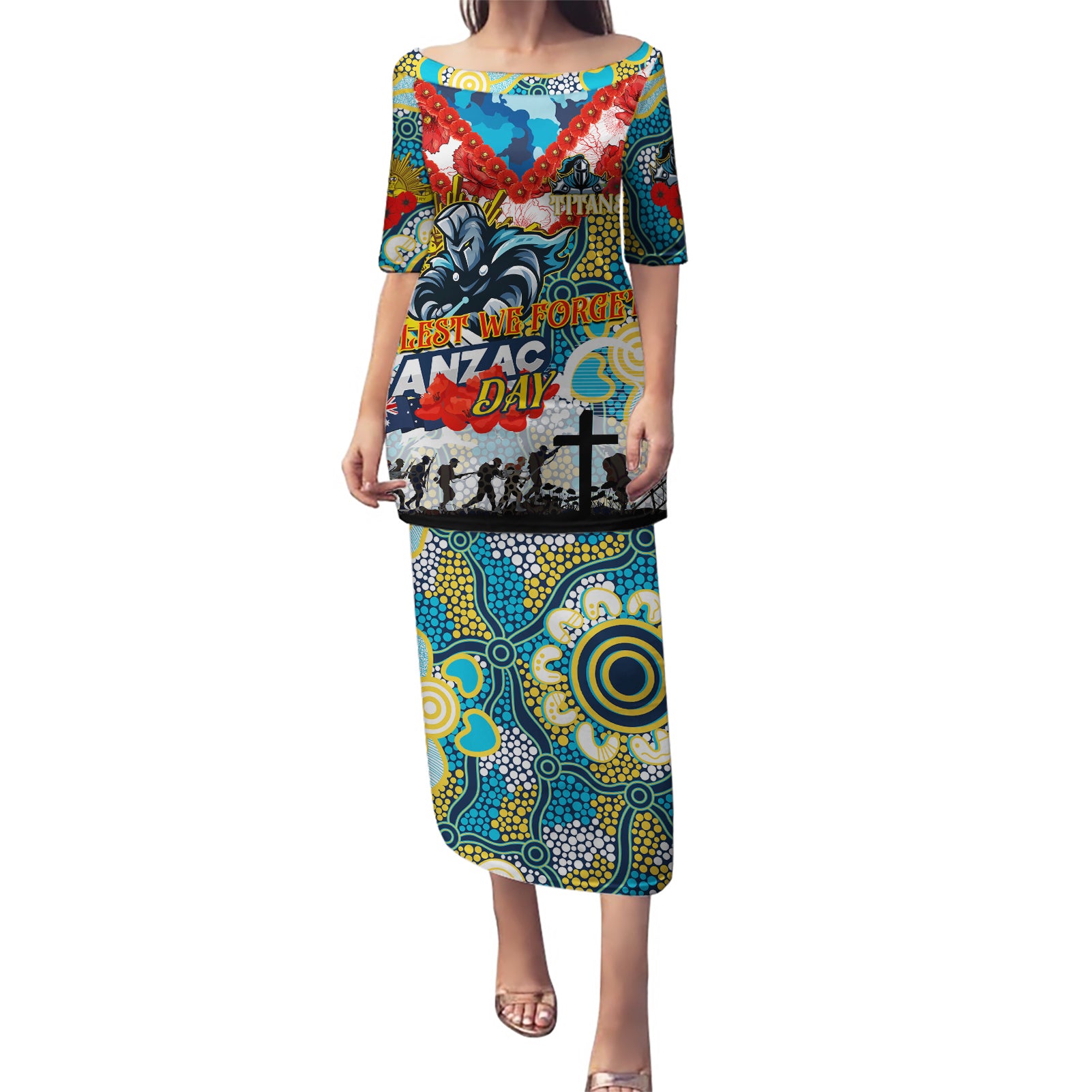 Personalised Titans ANZAC Day Puletasi Aboriginal Rising Sun
