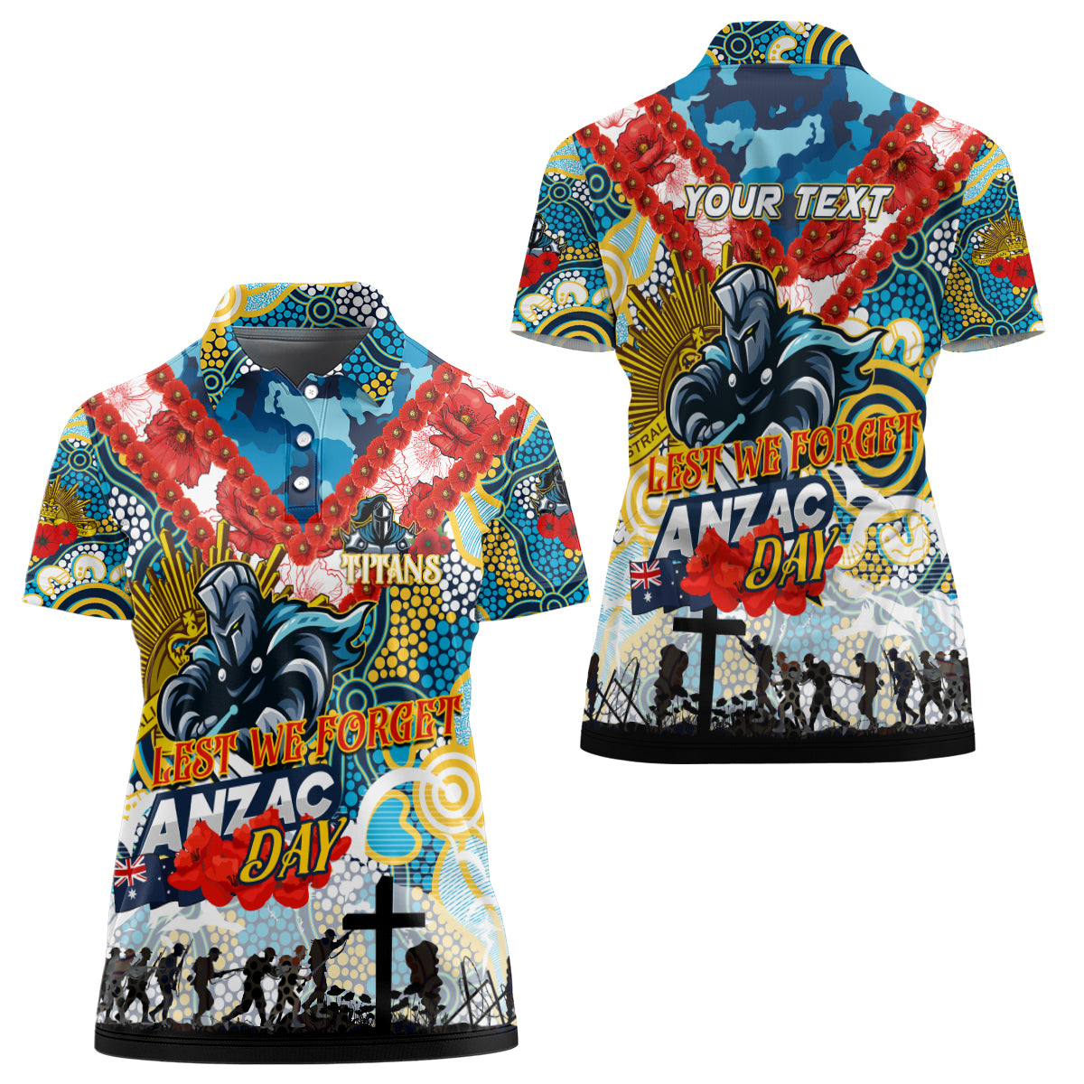 Personalised Titans ANZAC Day Women Polo Shirt Aboriginal Rising Sun