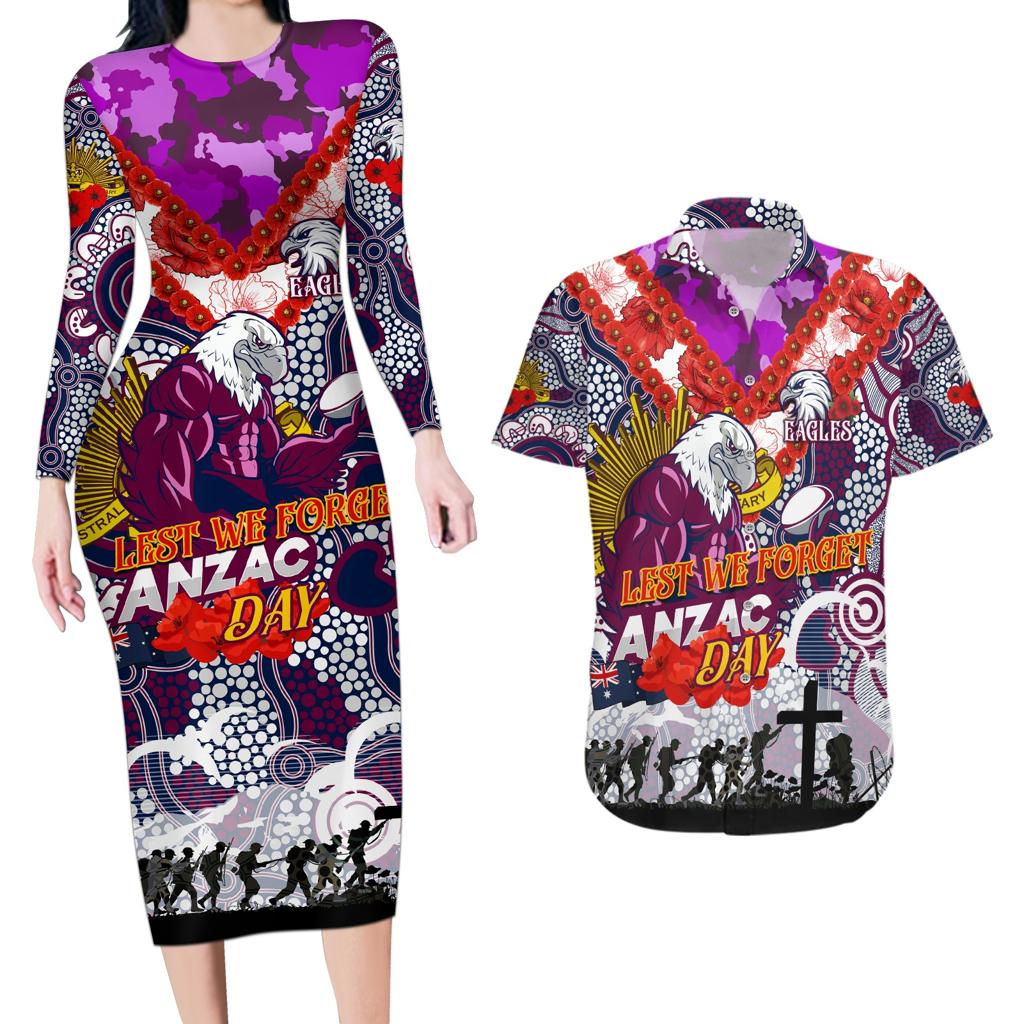 Personalised Eagles ANZAC Day Couples Matching Long Sleeve Bodycon Dress and Hawaiian Shirt Aboriginal Rising Sun