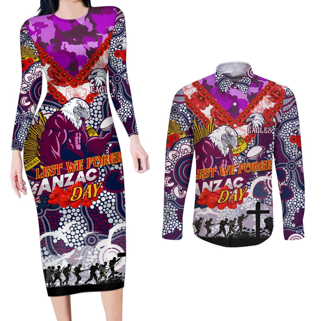 Personalised Eagles ANZAC Day Couples Matching Long Sleeve Bodycon Dress and Long Sleeve Button Shirt Aboriginal Rising Sun
