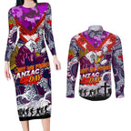Personalised Eagles ANZAC Day Couples Matching Long Sleeve Bodycon Dress and Long Sleeve Button Shirt Aboriginal Rising Sun