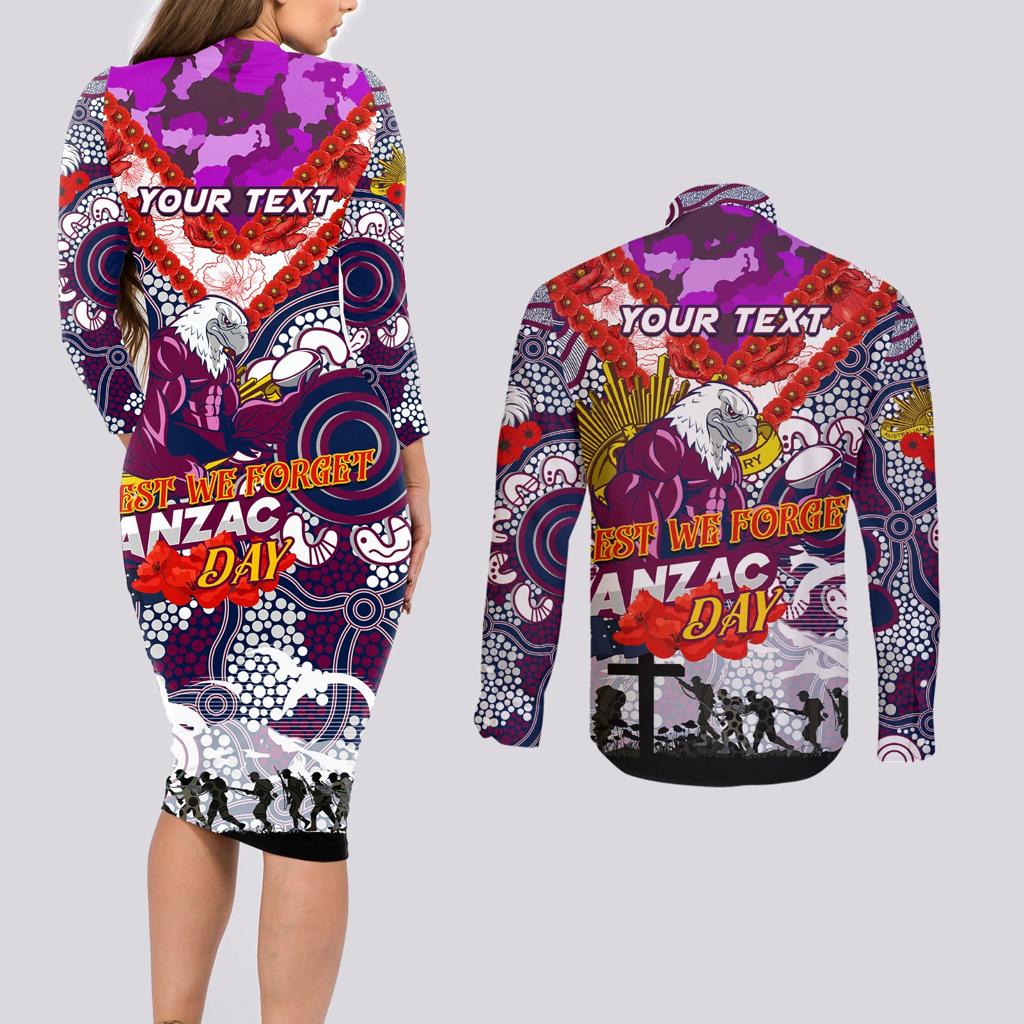 Personalised Eagles ANZAC Day Couples Matching Long Sleeve Bodycon Dress and Long Sleeve Button Shirt Aboriginal Rising Sun