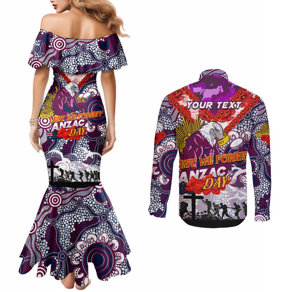 Personalised Eagles ANZAC Day Couples Matching Mermaid Dress and Long Sleeve Button Shirt Aboriginal Rising Sun
