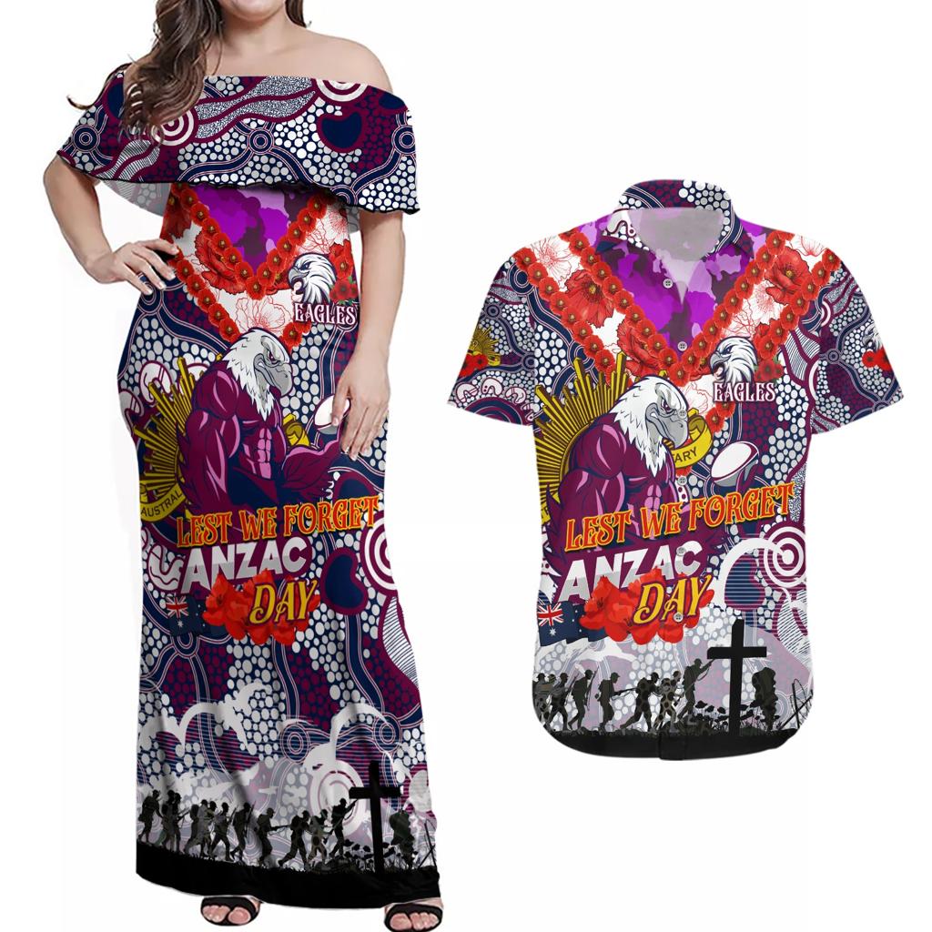 Personalised Eagles ANZAC Day Couples Matching Off Shoulder Maxi Dress and Hawaiian Shirt Aboriginal Rising Sun
