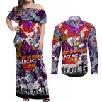 Personalised Eagles ANZAC Day Couples Matching Off Shoulder Maxi Dress and Long Sleeve Button Shirt Aboriginal Rising Sun