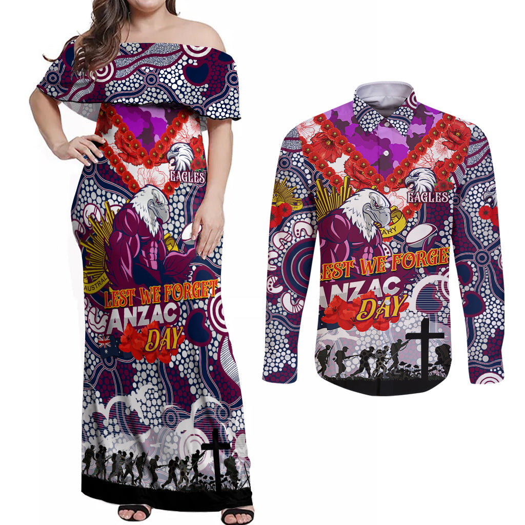 Personalised Eagles ANZAC Day Couples Matching Off Shoulder Maxi Dress and Long Sleeve Button Shirt Aboriginal Rising Sun