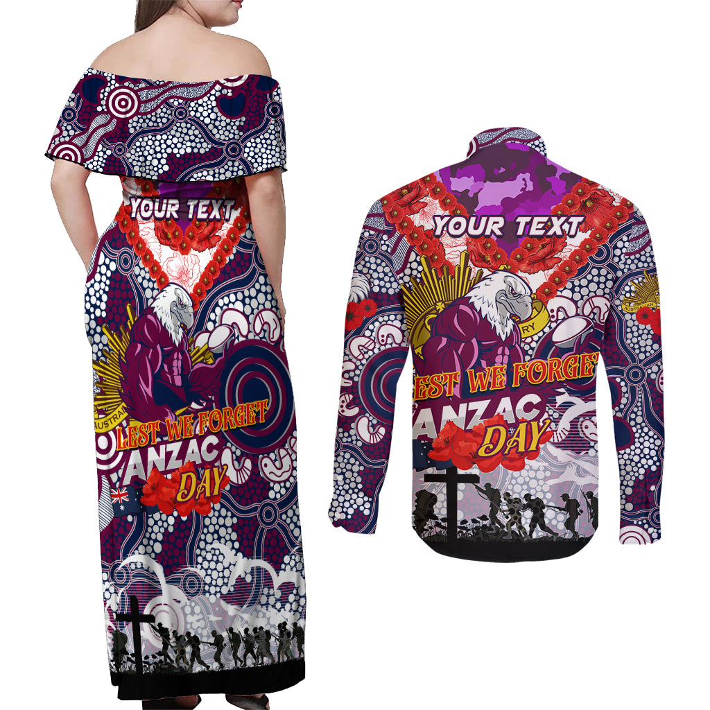 Personalised Eagles ANZAC Day Couples Matching Off Shoulder Maxi Dress and Long Sleeve Button Shirt Aboriginal Rising Sun