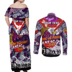 Personalised Eagles ANZAC Day Couples Matching Off Shoulder Maxi Dress and Long Sleeve Button Shirt Aboriginal Rising Sun