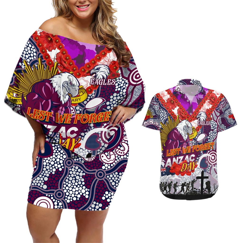 Personalised Eagles ANZAC Day Couples Matching Off Shoulder Short Dress and Hawaiian Shirt Aboriginal Rising Sun