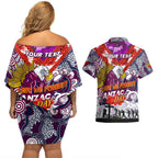 Personalised Eagles ANZAC Day Couples Matching Off Shoulder Short Dress and Hawaiian Shirt Aboriginal Rising Sun
