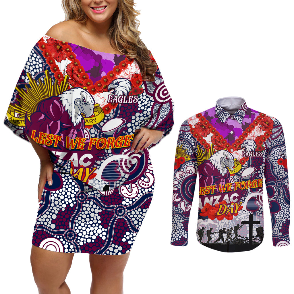 Personalised Eagles ANZAC Day Couples Matching Off Shoulder Short Dress and Long Sleeve Button Shirt Aboriginal Rising Sun