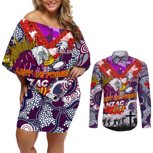 Personalised Eagles ANZAC Day Couples Matching Off Shoulder Short Dress and Long Sleeve Button Shirt Aboriginal Rising Sun