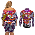 Personalised Eagles ANZAC Day Couples Matching Off Shoulder Short Dress and Long Sleeve Button Shirt Aboriginal Rising Sun