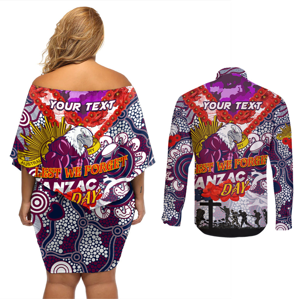 Personalised Eagles ANZAC Day Couples Matching Off Shoulder Short Dress and Long Sleeve Button Shirt Aboriginal Rising Sun