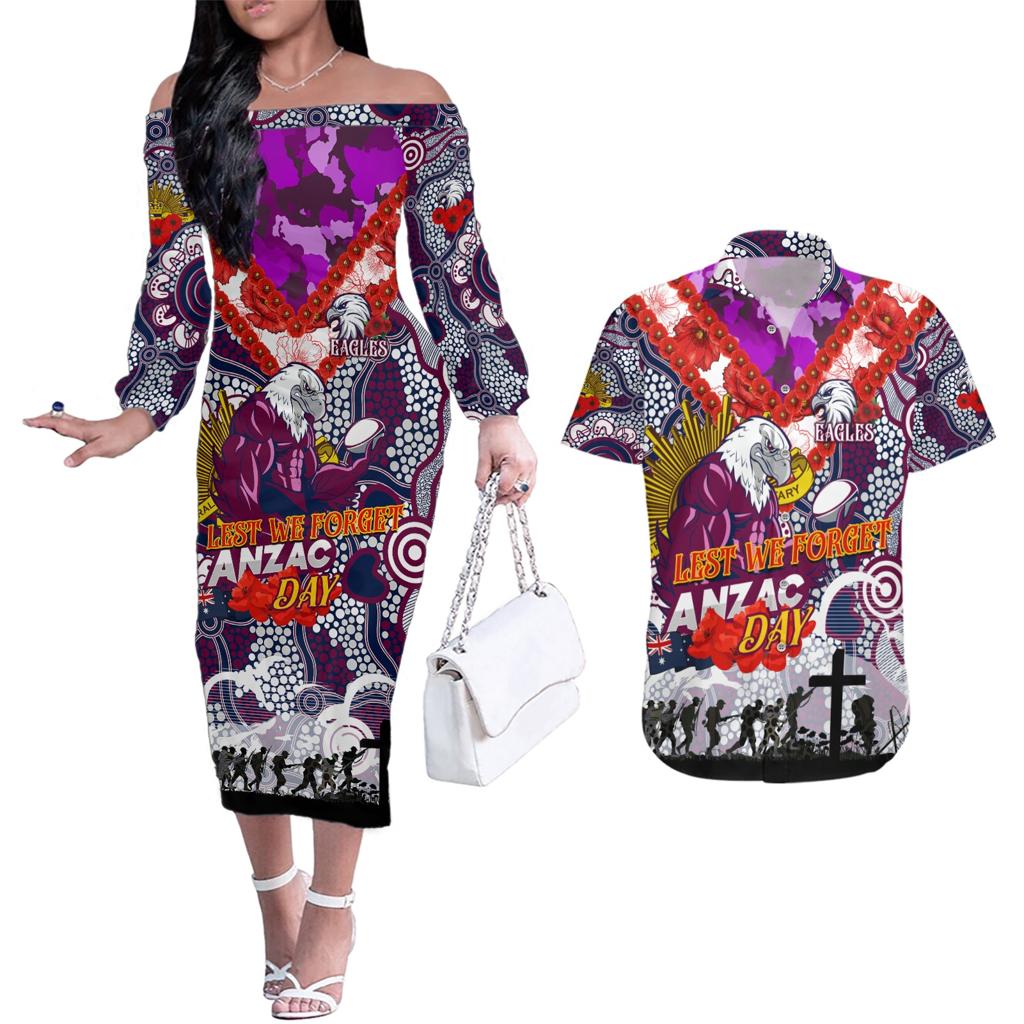 Personalised Eagles ANZAC Day Couples Matching Off The Shoulder Long Sleeve Dress and Hawaiian Shirt Aboriginal Rising Sun