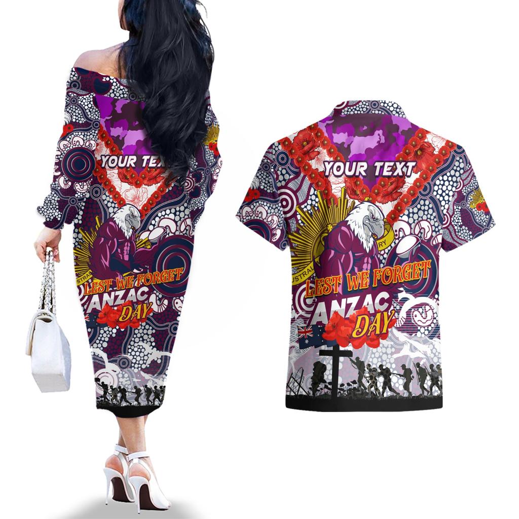 Personalised Eagles ANZAC Day Couples Matching Off The Shoulder Long Sleeve Dress and Hawaiian Shirt Aboriginal Rising Sun