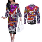 Personalised Eagles ANZAC Day Couples Matching Off The Shoulder Long Sleeve Dress and Long Sleeve Button Shirt Aboriginal Rising Sun