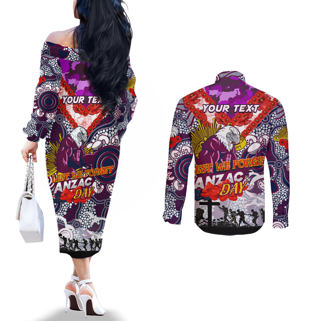 Personalised Eagles ANZAC Day Couples Matching Off The Shoulder Long Sleeve Dress and Long Sleeve Button Shirt Aboriginal Rising Sun