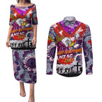 Personalised Eagles ANZAC Day Couples Matching Puletasi and Long Sleeve Button Shirt Aboriginal Rising Sun