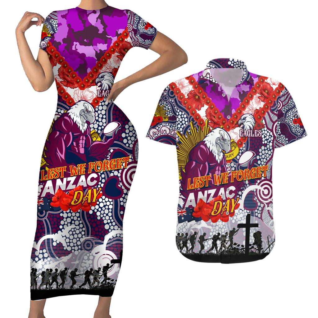 Personalised Eagles ANZAC Day Couples Matching Short Sleeve Bodycon Dress and Hawaiian Shirt Aboriginal Rising Sun