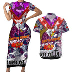Personalised Eagles ANZAC Day Couples Matching Short Sleeve Bodycon Dress and Hawaiian Shirt Aboriginal Rising Sun